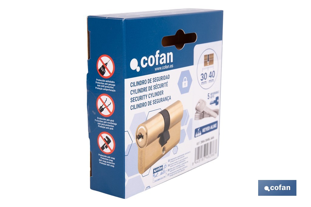 Cilindro de Seguridad de perfil europeo con llaves iguales (serie AAA) | Disponible en acabado latón con varias medidas disponibles - Cofan