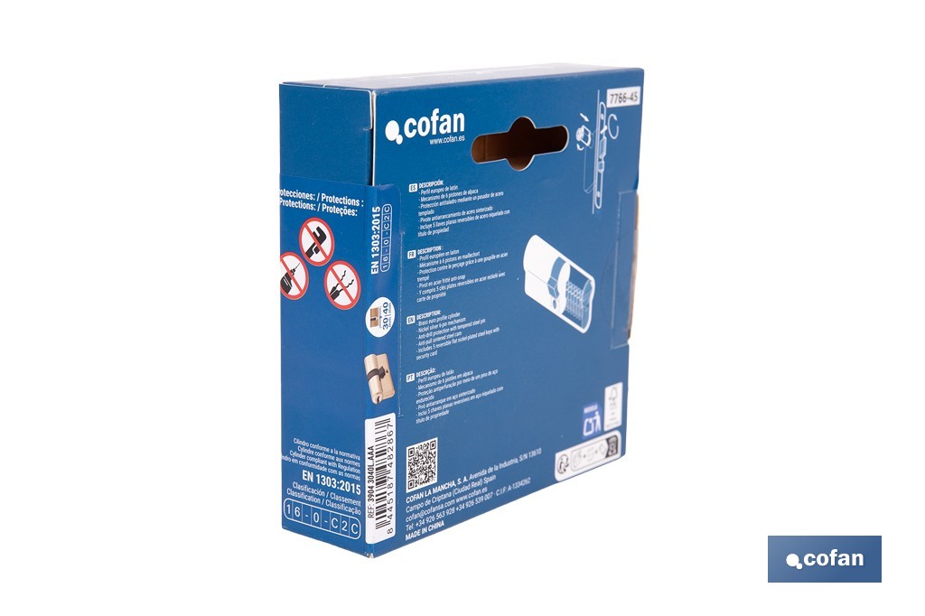 Cilindro de Seguridad de perfil europeo con llaves iguales (serie AAA) | Disponible en acabado latón con varias medidas disponibles - Cofan