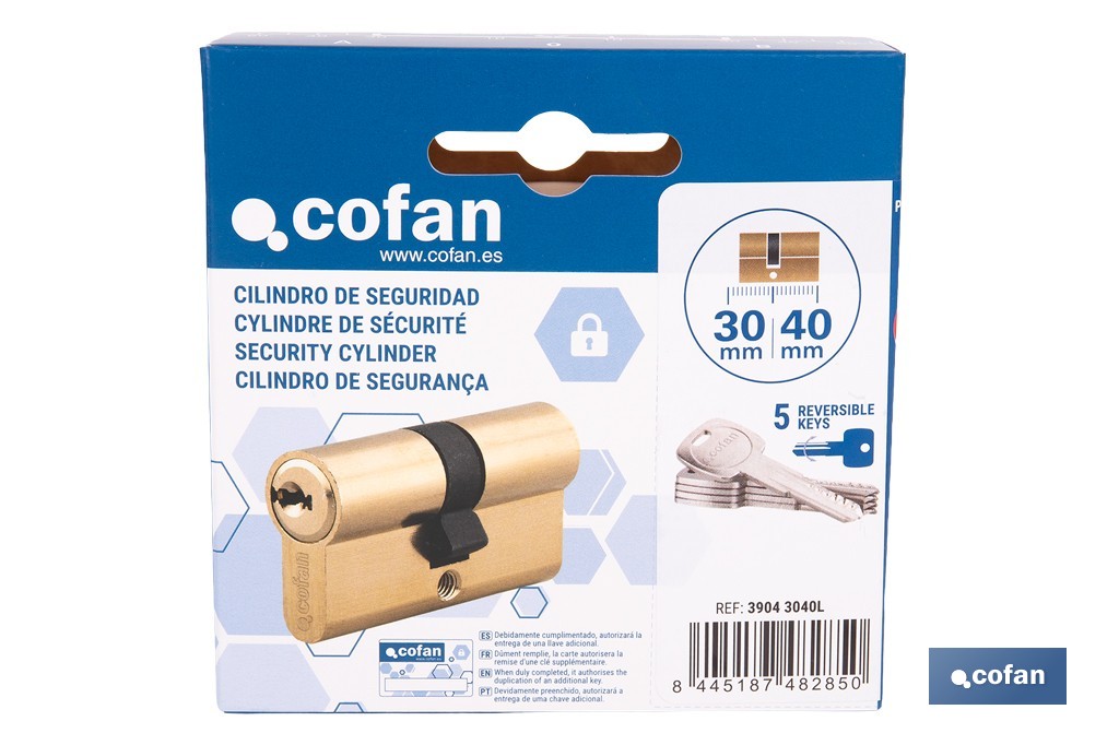 Cilindro de seguridad de perfil europeo con acabado en latón | Disponible en diferentes medidas - Cofan