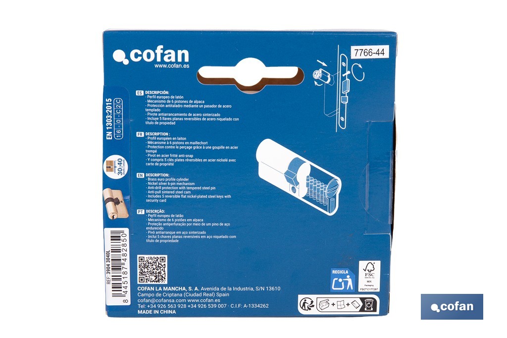 Cilindro de seguridad de perfil europeo con acabado en latón | Disponible en diferentes medidas - Cofan