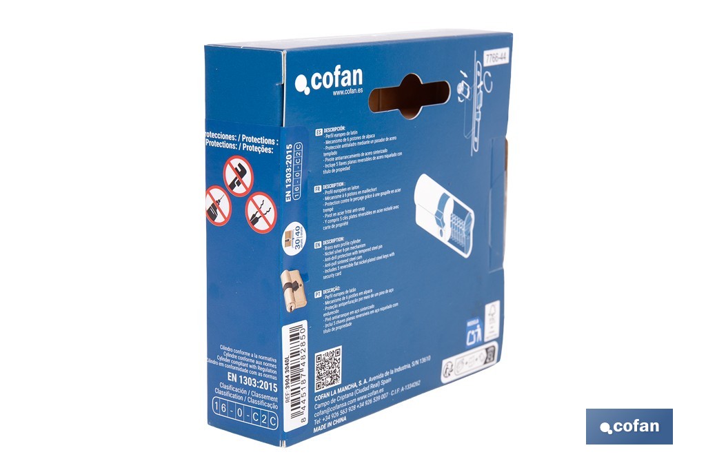 Cilindro de seguridad de perfil europeo con acabado en latón | Disponible en diferentes medidas - Cofan
