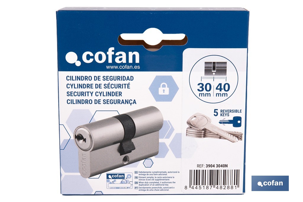 Cilindro de Seguridad de perfil europeo en acabado níquel | Varias medidas disponibles - Cofan