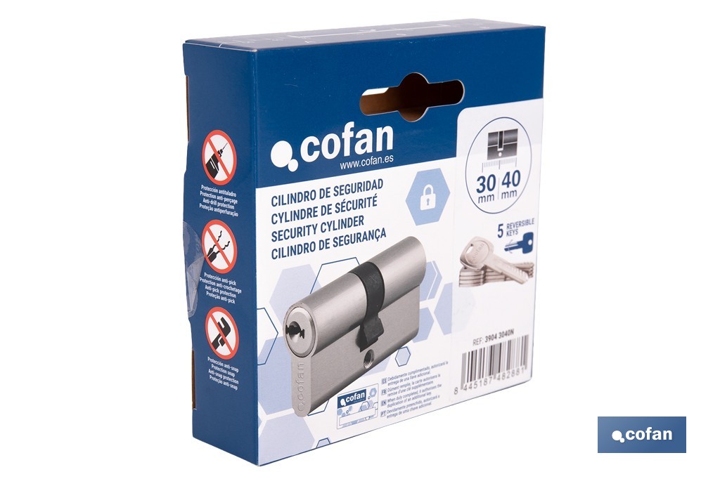 Cilindro de Seguridad de perfil europeo en acabado níquel | Varias medidas disponibles - Cofan