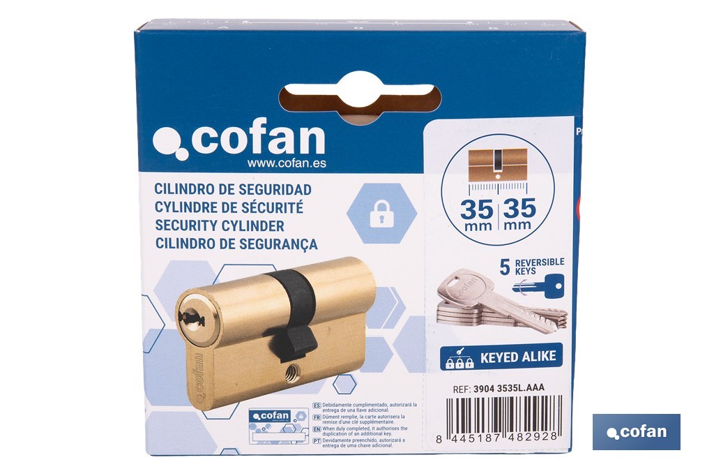 Cilindro de Seguridad de perfil europeo con llaves iguales (serie AAA) | Disponible en acabado latón con varias medidas disponibles - Cofan