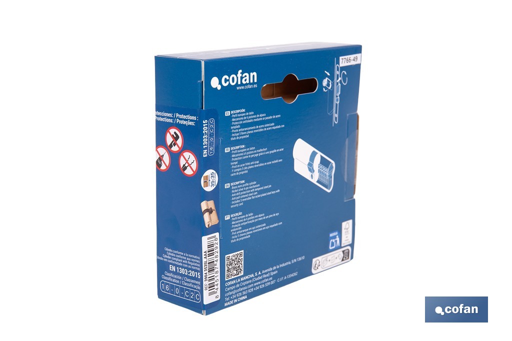 Cilindro de Seguridad de perfil europeo con llaves iguales (serie AAA) | Disponible en acabado latón con varias medidas disponibles - Cofan