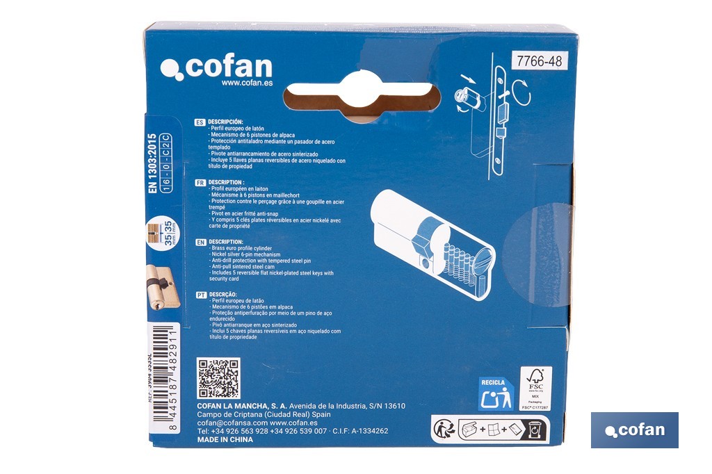 Cilindro de seguridad de perfil europeo con acabado en latón | Disponible en diferentes medidas - Cofan