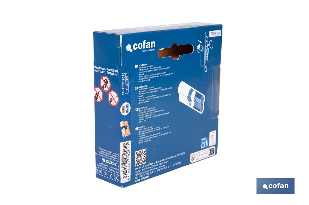 Cilindro de seguridad de perfil europeo con acabado en latón | Disponible en diferentes medidas - Cofan