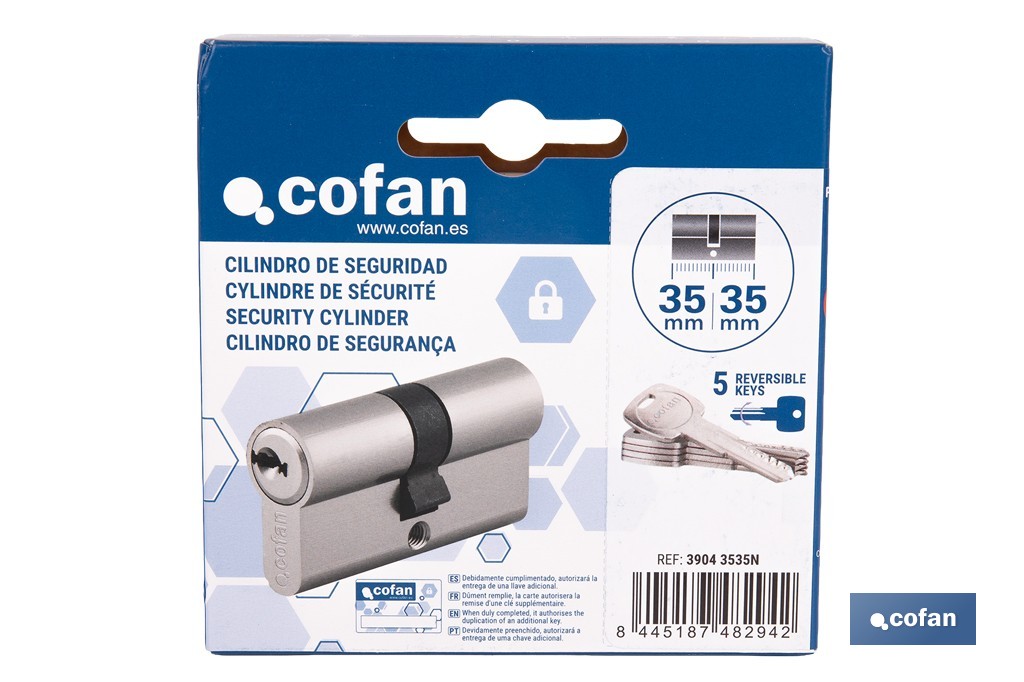 Cilindro de Seguridad de perfil europeo en acabado níquel | Varias medidas disponibles - Cofan