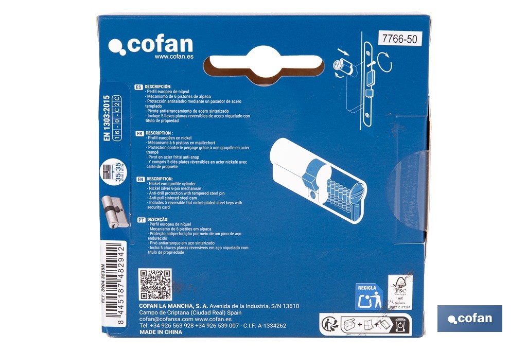 Cilindro de Seguridad de perfil europeo en acabado níquel | Varias medidas disponibles - Cofan