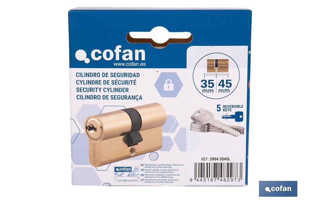 Cilindro de seguridad de perfil europeo con acabado en latón | Disponible en diferentes medidas - Cofan