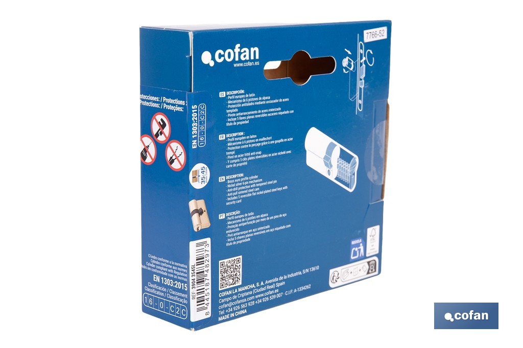 Cilindro de seguridad de perfil europeo con acabado en latón | Disponible en diferentes medidas - Cofan