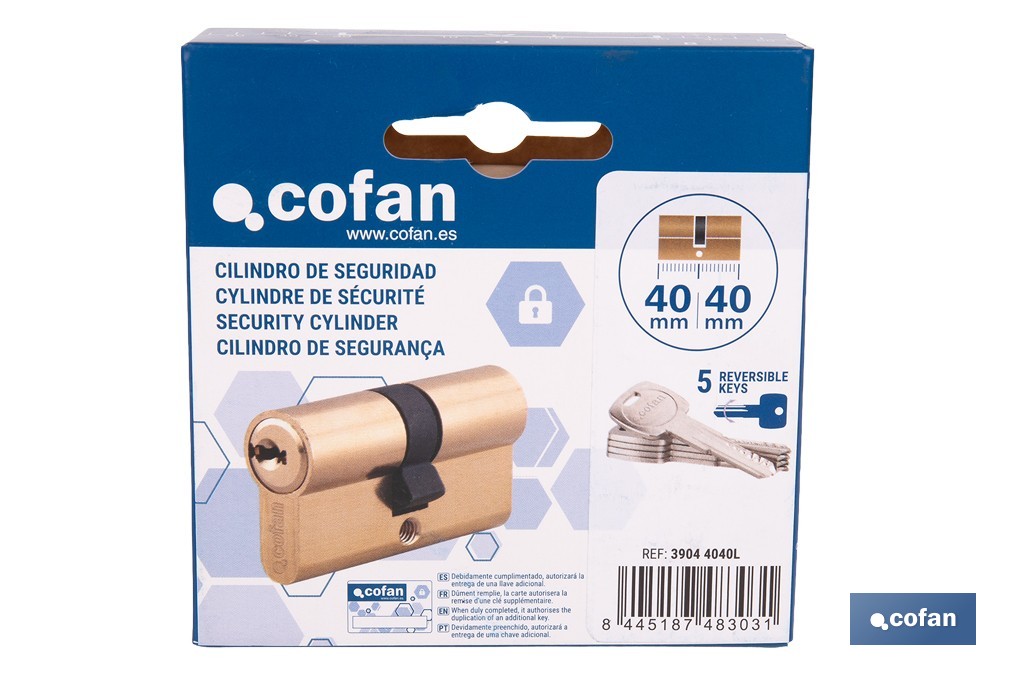 Cilindro de seguridad de perfil europeo con acabado en latón | Disponible en diferentes medidas - Cofan