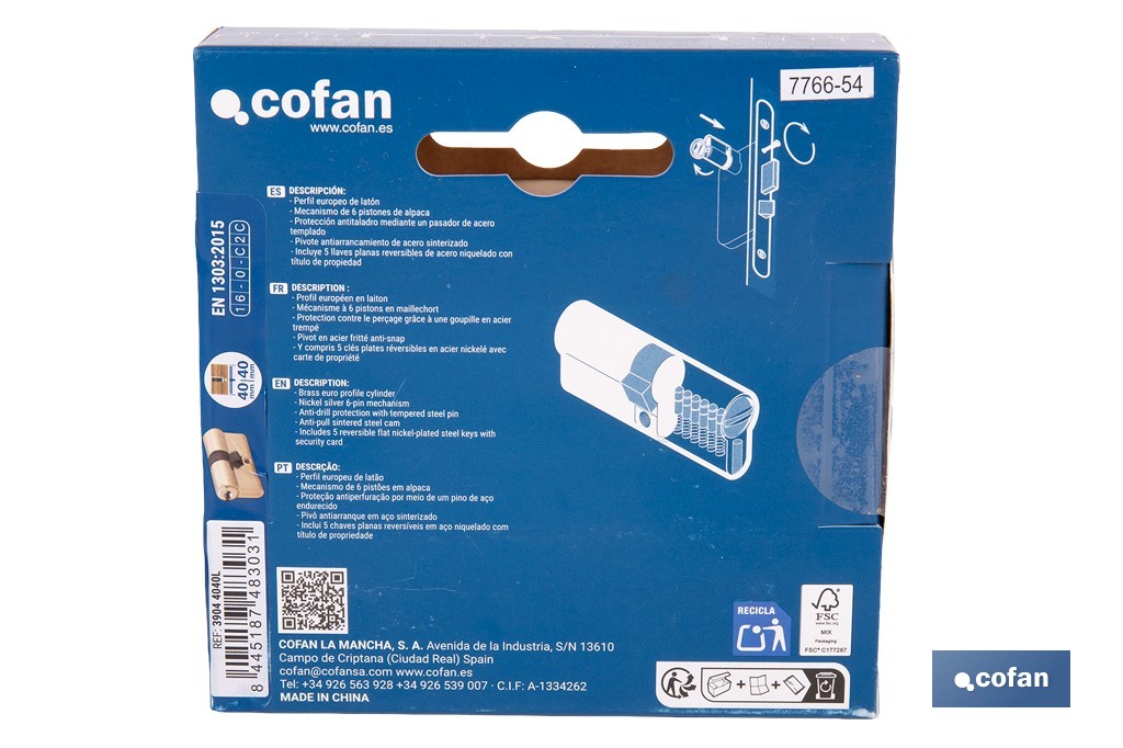 Cilindro de seguridad de perfil europeo con acabado en latón | Disponible en diferentes medidas - Cofan