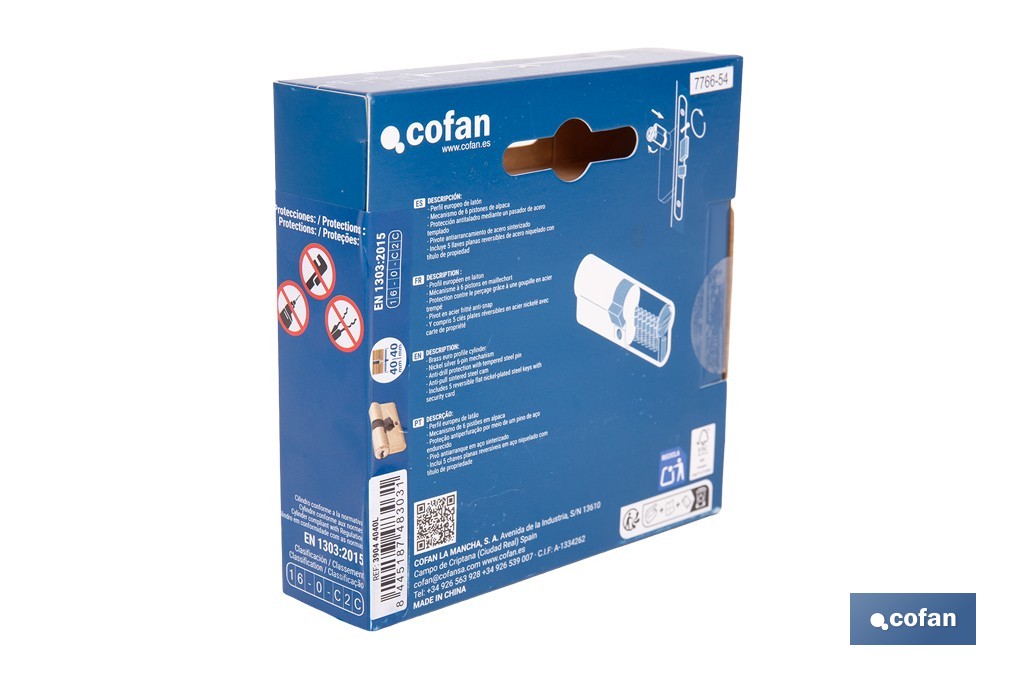 Cilindro de seguridad de perfil europeo con acabado en latón | Disponible en diferentes medidas - Cofan