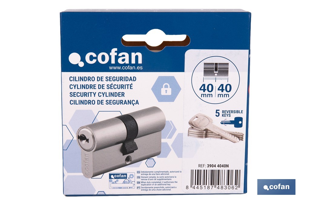Cilindro de Seguridad de perfil europeo en acabado níquel | Varias medidas disponibles - Cofan