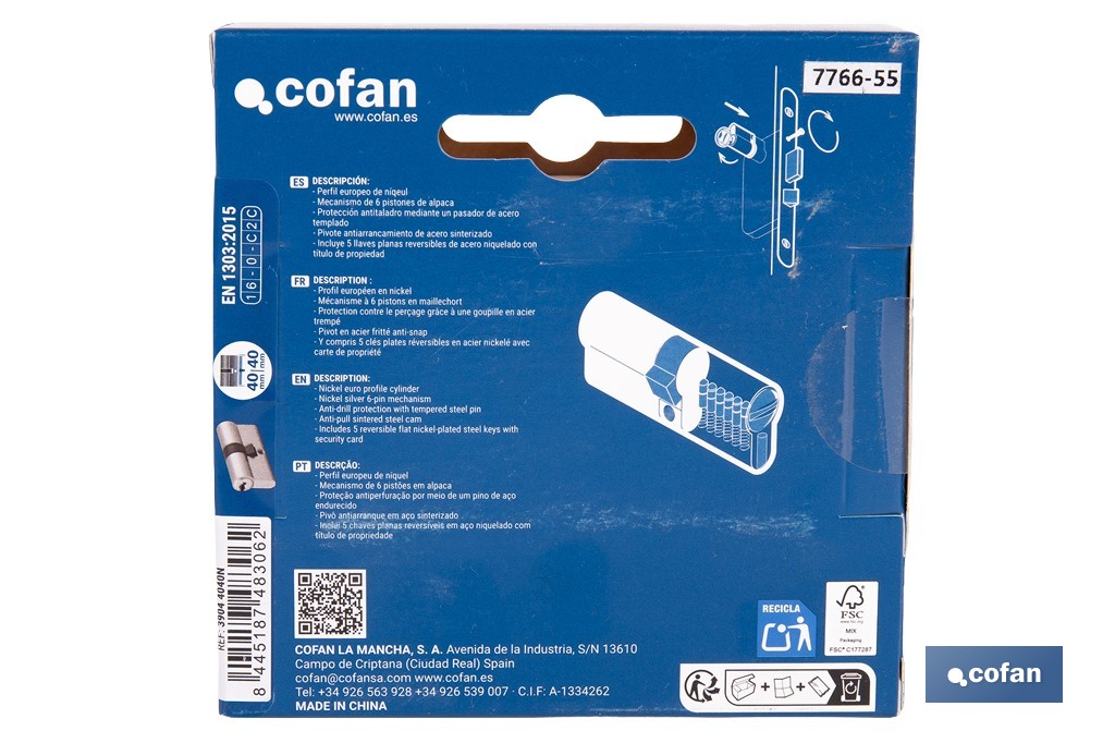 Cilindro de Seguridad de perfil europeo en acabado níquel | Varias medidas disponibles - Cofan