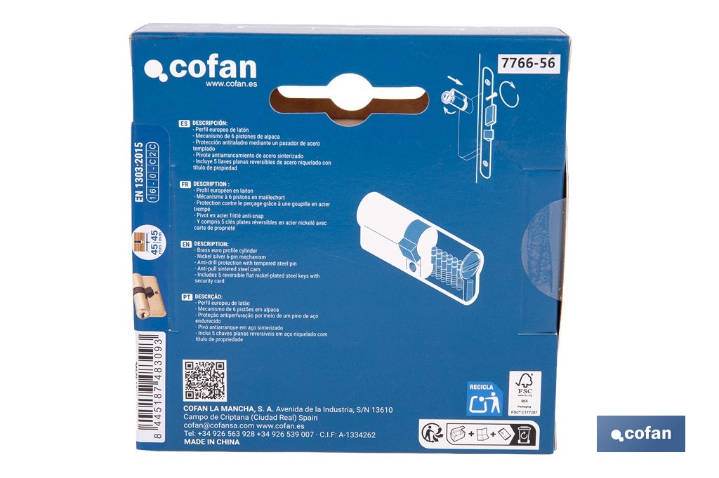 Cilindro de seguridad de perfil europeo con acabado en latón | Disponible en diferentes medidas - Cofan