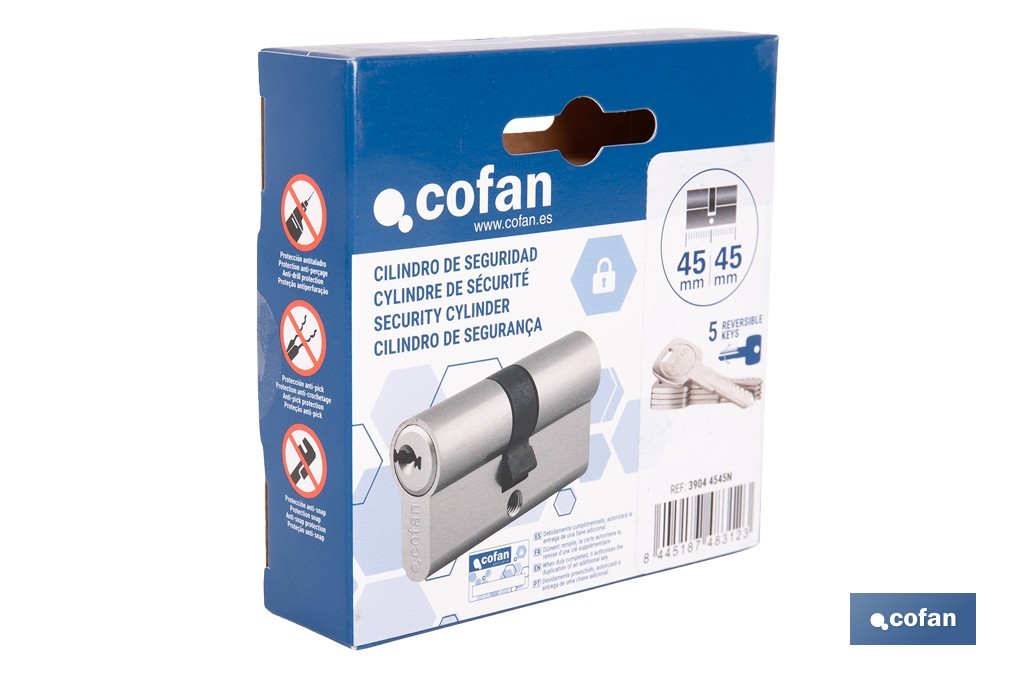 Cilindro de Seguridad de perfil europeo en acabado níquel | Varias medidas disponibles - Cofan