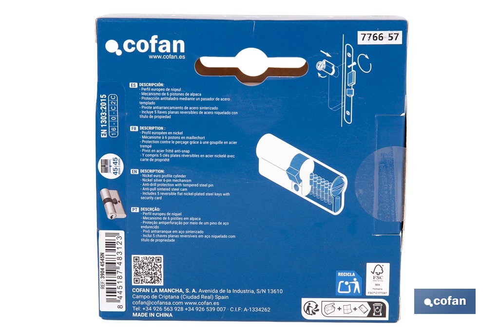 Cilindro de Seguridad de perfil europeo en acabado níquel | Varias medidas disponibles - Cofan