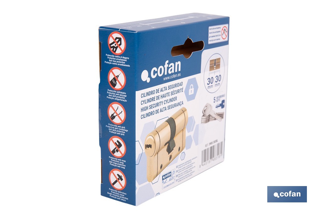 Cilindro de alta seguridad de perfil europeo con acabado en latón | Disponible en diferentes medidas - Cofan