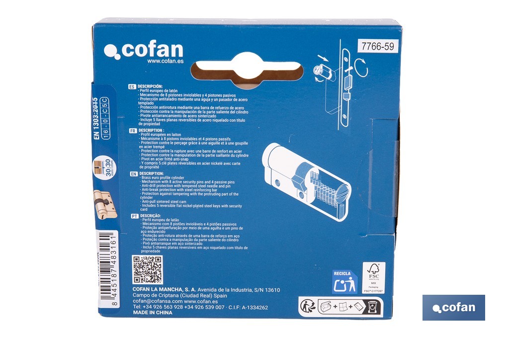Cilindro de alta seguridad de perfil europeo con acabado en latón | Disponible en diferentes medidas - Cofan