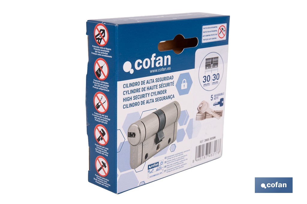 Cilindro Alta Seguridad de perfil europeo en acabado níquel | Varias medidas disponibles - Cofan