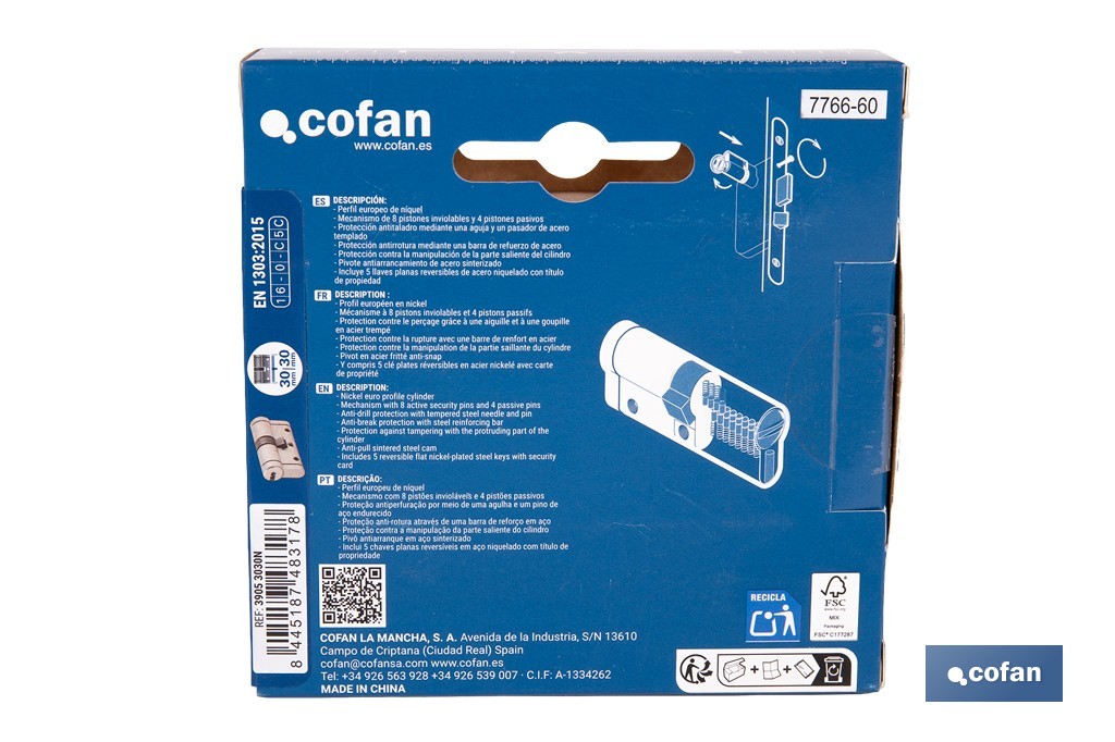 Cilindro Alta Seguridad de perfil europeo en acabado níquel | Varias medidas disponibles - Cofan