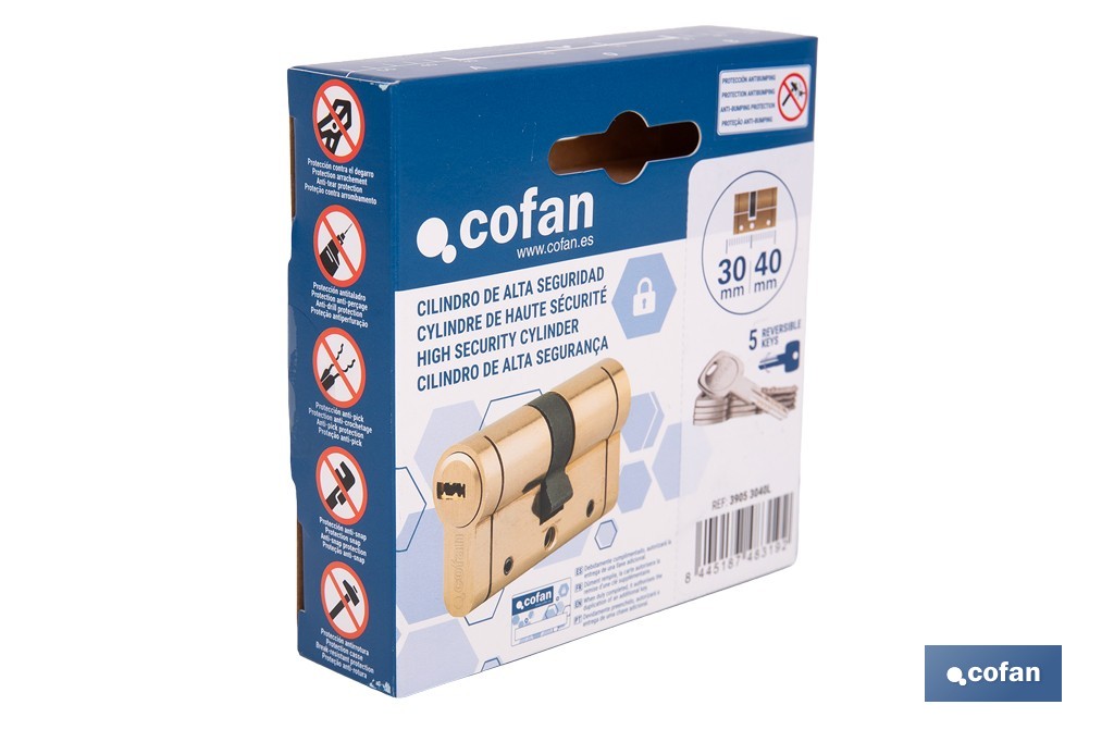 Cilindro de alta seguridad de perfil europeo con acabado en latón | Disponible en diferentes medidas - Cofan