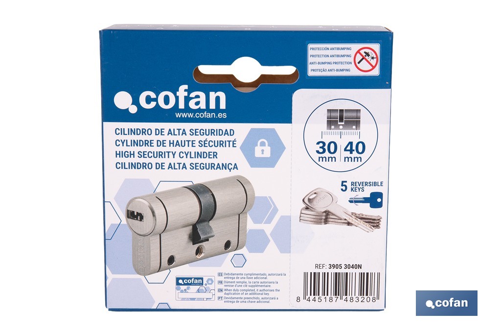 Cilindro Alta Seguridad de perfil europeo en acabado níquel | Varias medidas disponibles - Cofan
