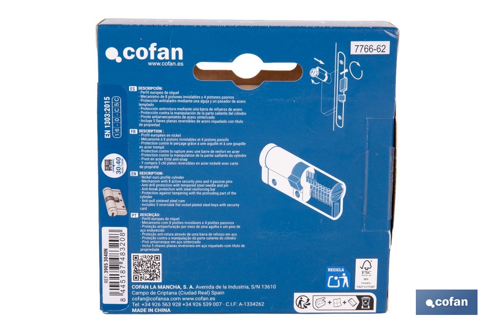 Cilindro Alta Seguridad de perfil europeo en acabado níquel | Varias medidas disponibles - Cofan