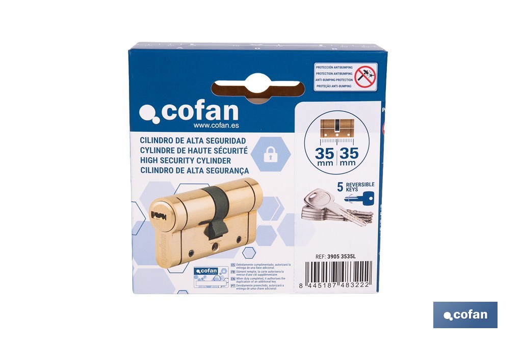 Cilindro de alta seguridad de perfil europeo con acabado en latón | Disponible en diferentes medidas - Cofan