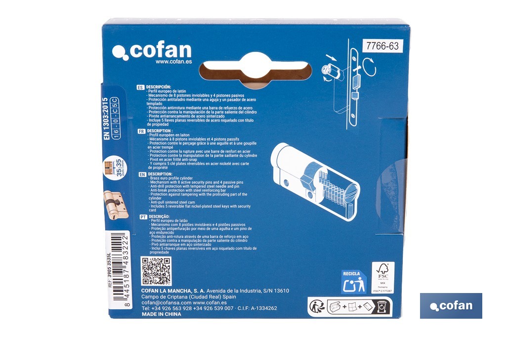Cilindro de alta seguridad de perfil europeo con acabado en latón | Disponible en diferentes medidas - Cofan