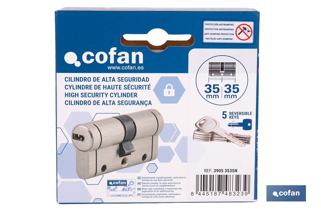 Cilindro Alta Seguridad de perfil europeo en acabado níquel | Varias medidas disponibles - Cofan