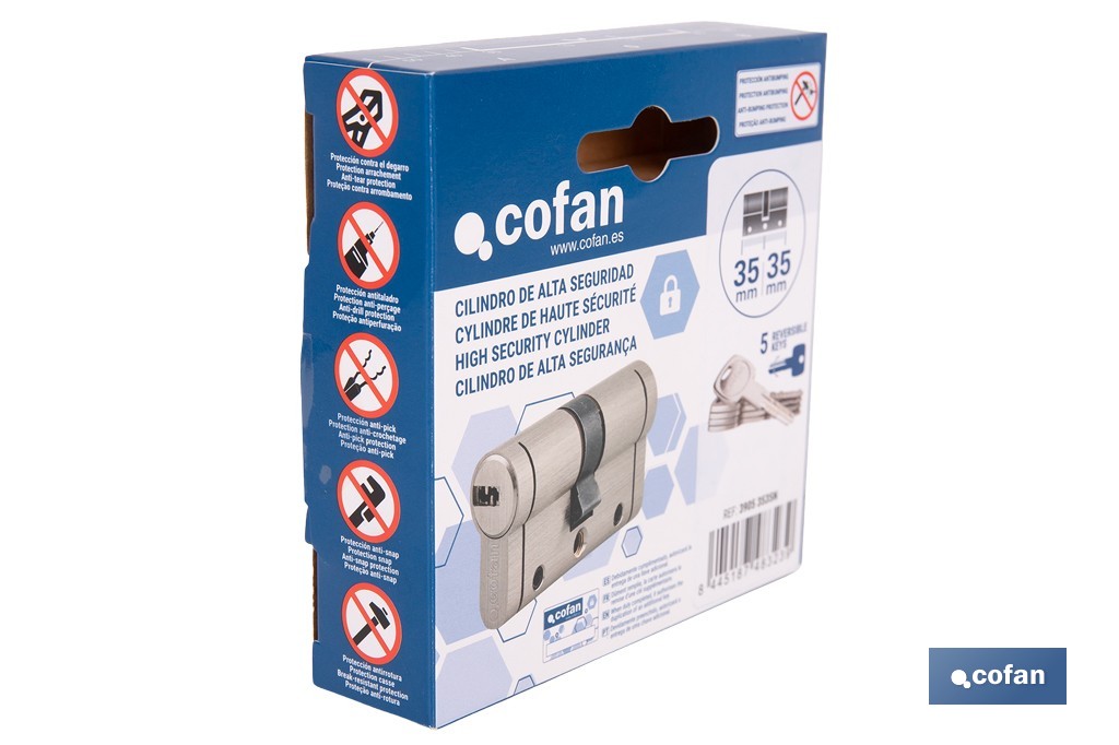 Cilindro Alta Seguridad de perfil europeo en acabado níquel | Varias medidas disponibles - Cofan