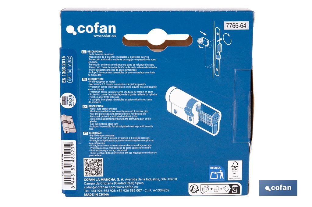 Cilindro Alta Seguridad de perfil europeo en acabado níquel | Varias medidas disponibles - Cofan