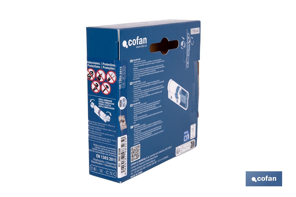 Cilindro Alta Seguridad de perfil europeo en acabado níquel | Varias medidas disponibles - Cofan