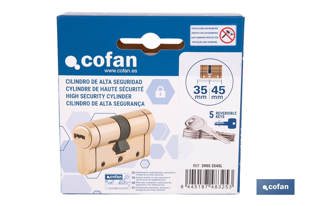 Cilindro de alta seguridad de perfil europeo con acabado en latón | Disponible en diferentes medidas - Cofan