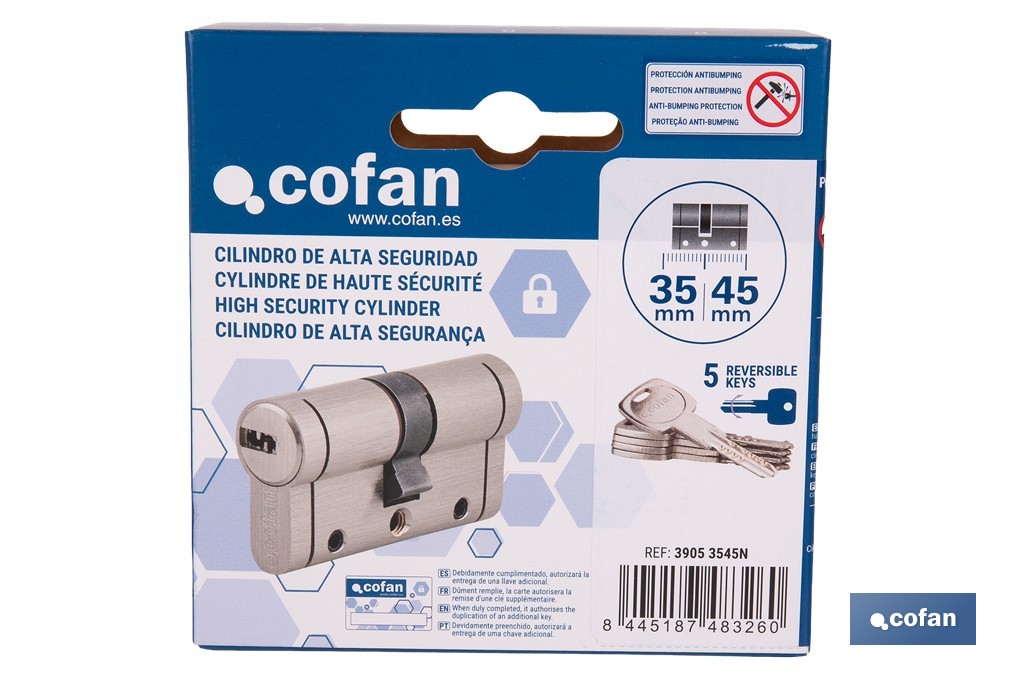 Cilindro Alta Seguridad de perfil europeo en acabado níquel | Varias medidas disponibles - Cofan