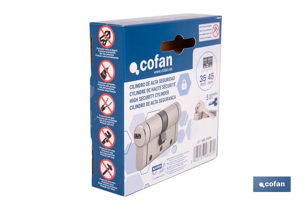Cilindro Alta Seguridad de perfil europeo en acabado níquel | Varias medidas disponibles - Cofan