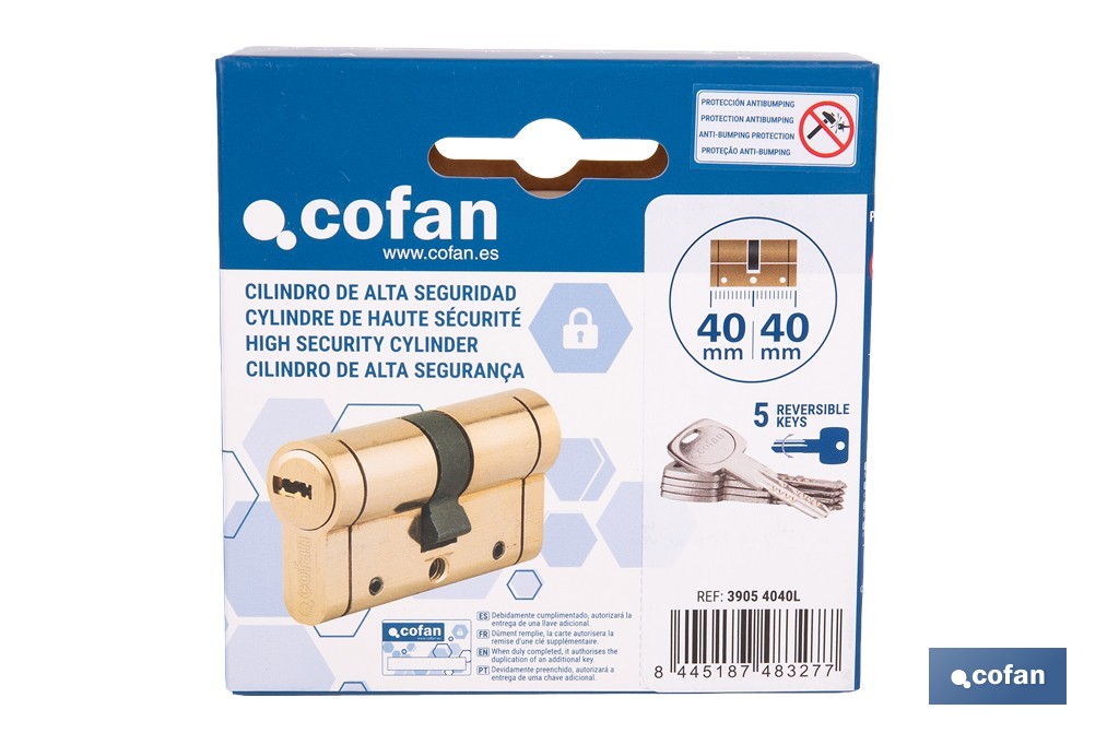 Cilindro de alta seguridad de perfil europeo con acabado en latón | Disponible en diferentes medidas - Cofan