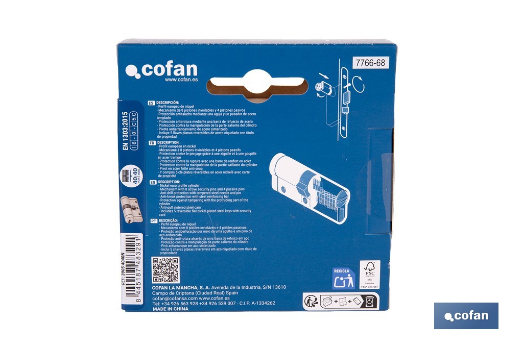 Cilindro Alta Seguridad de perfil europeo en acabado níquel | Varias medidas disponibles - Cofan