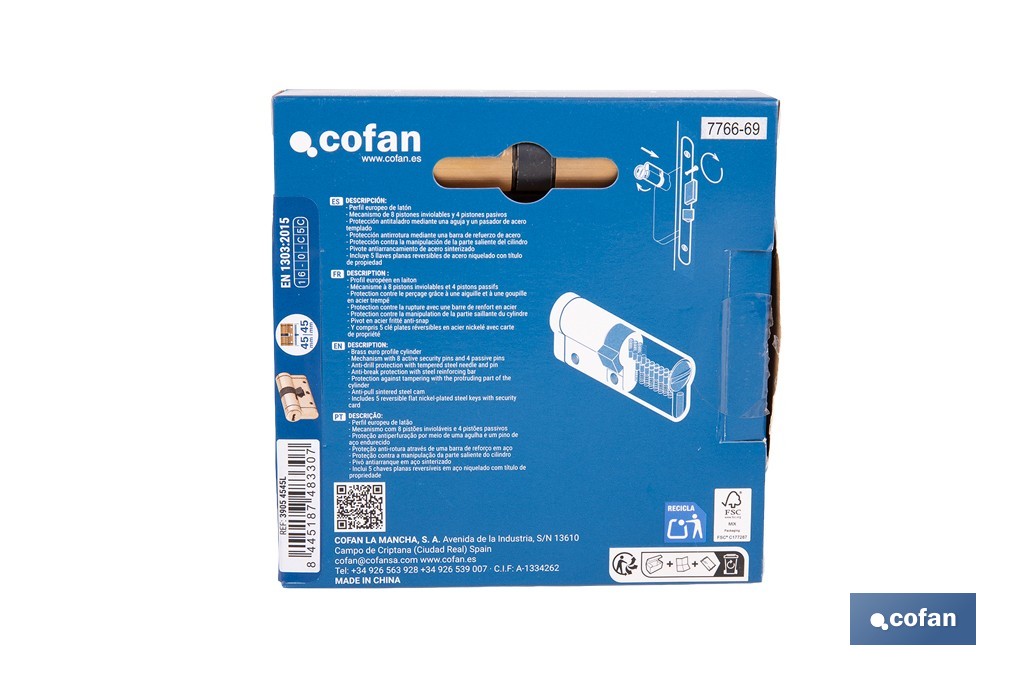 Cilindro de alta seguridad de perfil europeo con acabado en latón | Disponible en diferentes medidas - Cofan