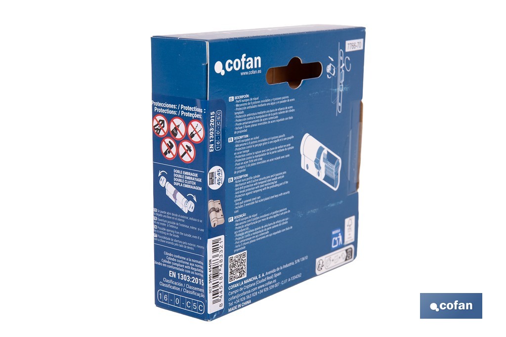 Cilindro Alta Seguridad de perfil europeo en acabado níquel | Varias medidas disponibles - Cofan