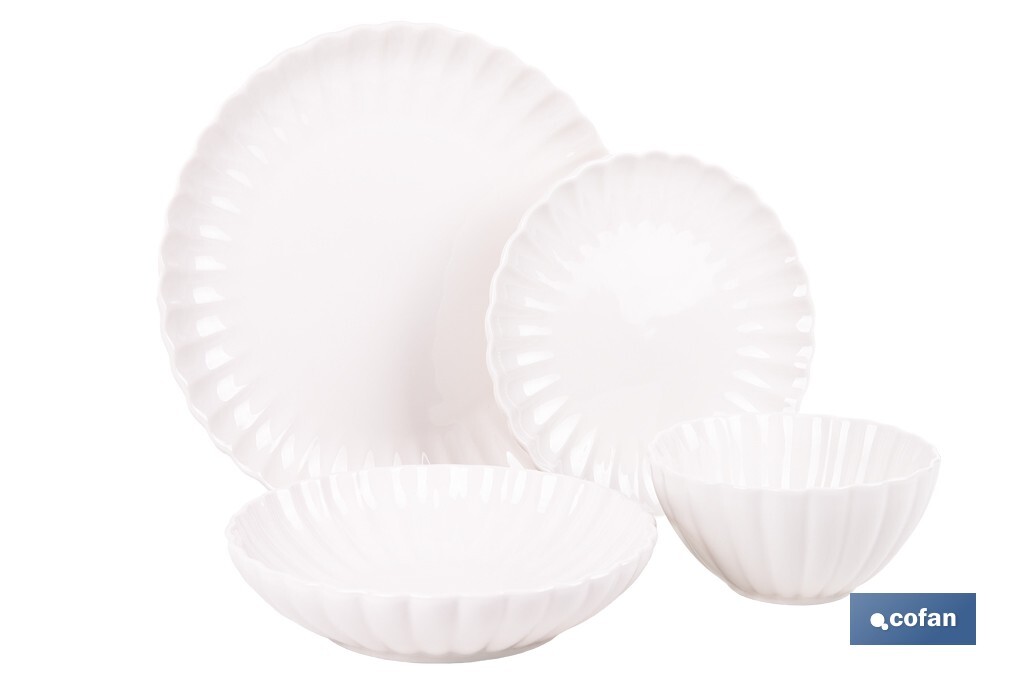 Vajilla de porcelana esmaltada de color blanco con diseño en relieve | Set de 16 piezas | Apta para lavavajillas, microondas y horno - Cofan