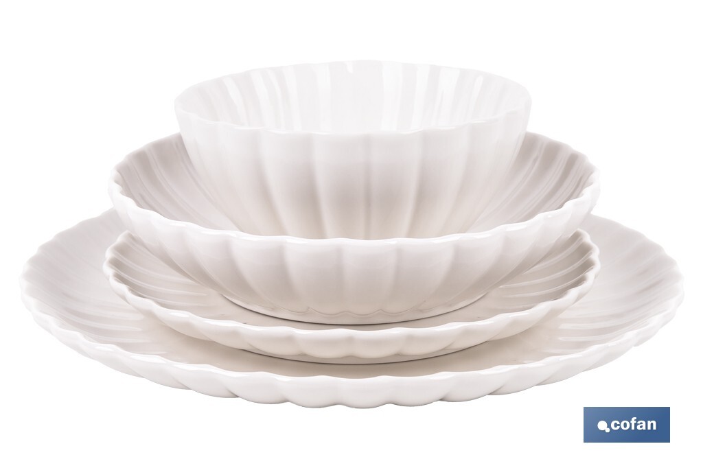 Vajilla de porcelana esmaltada de color blanco con diseño en relieve | Set de 16 piezas | Apta para lavavajillas, microondas y horno - Cofan