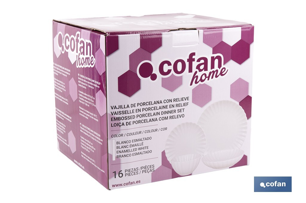 Vajilla de porcelana esmaltada de color blanco con diseño en relieve | Set de 16 piezas | Apta para lavavajillas, microondas y horno - Cofan