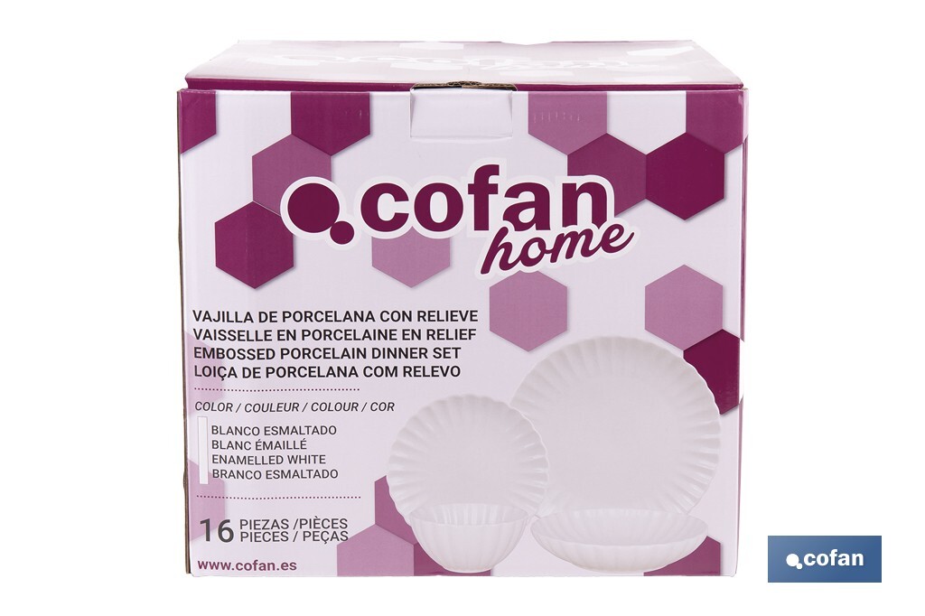 Vajilla de porcelana esmaltada de color blanco con diseño en relieve | Set de 16 piezas | Apta para lavavajillas, microondas y horno - Cofan