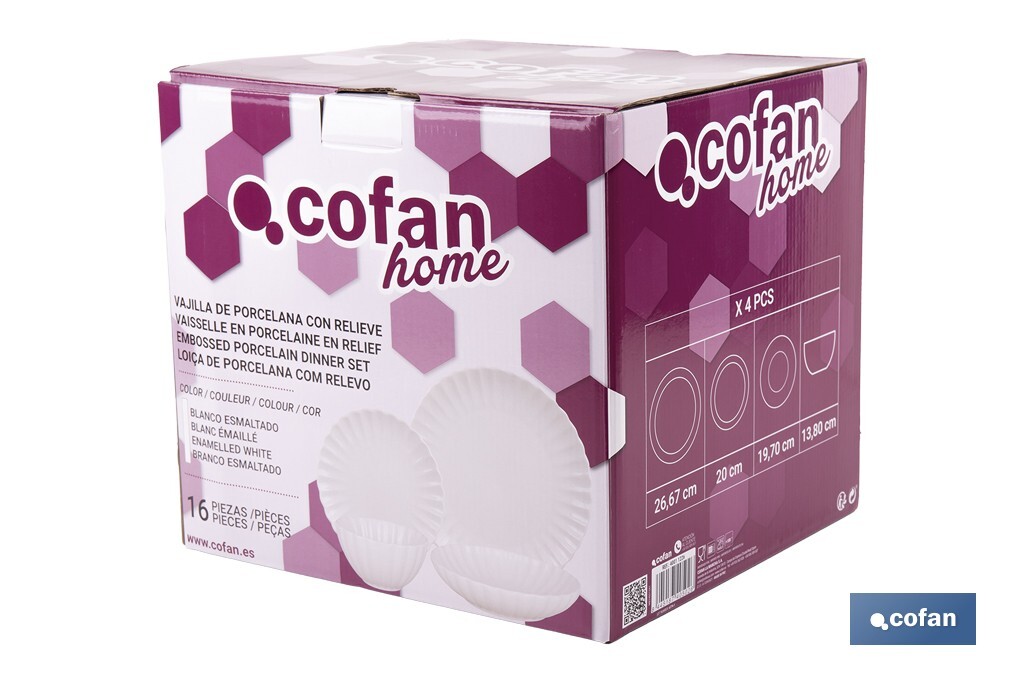 Vajilla de porcelana esmaltada de color blanco con diseño en relieve | Set de 16 piezas | Apta para lavavajillas, microondas y horno - Cofan