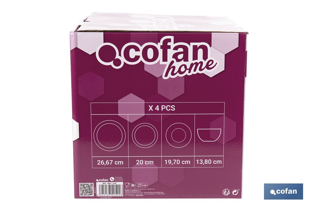 Vajilla de porcelana esmaltada de color blanco con diseño en relieve | Set de 16 piezas | Apta para lavavajillas, microondas y horno - Cofan