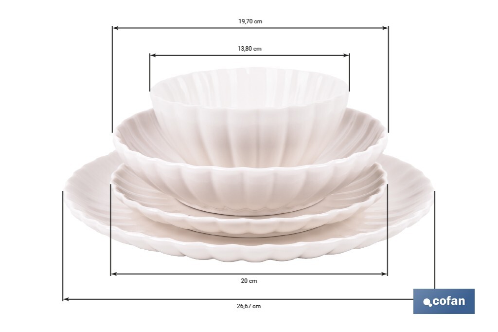 Vajilla de porcelana esmaltada de color blanco con diseño en relieve | Set de 16 piezas | Apta para lavavajillas, microondas y horno - Cofan
